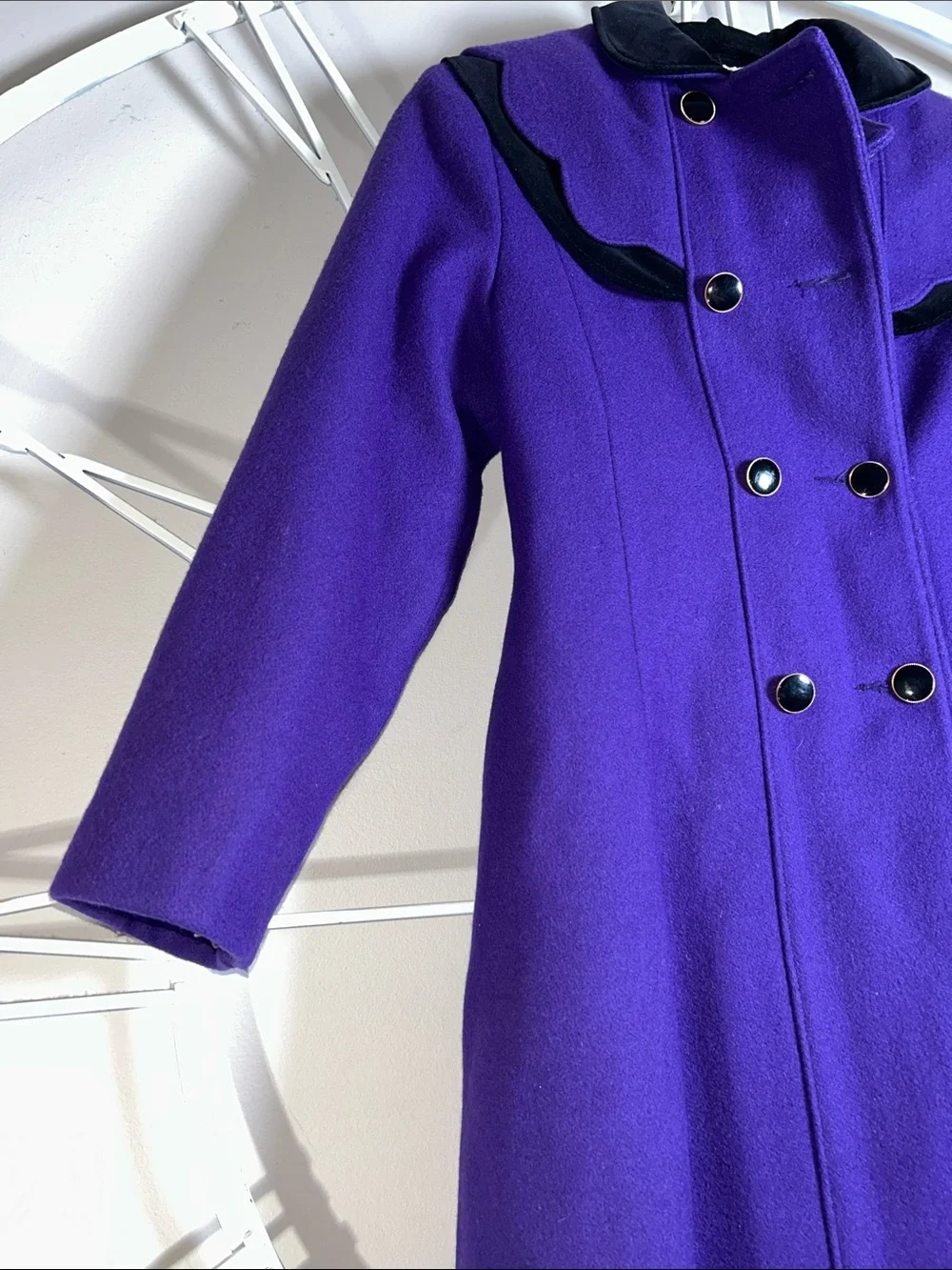 Vintage Rothschild Vibrant Purple Double-Breasted Wool Coat with Black Trim